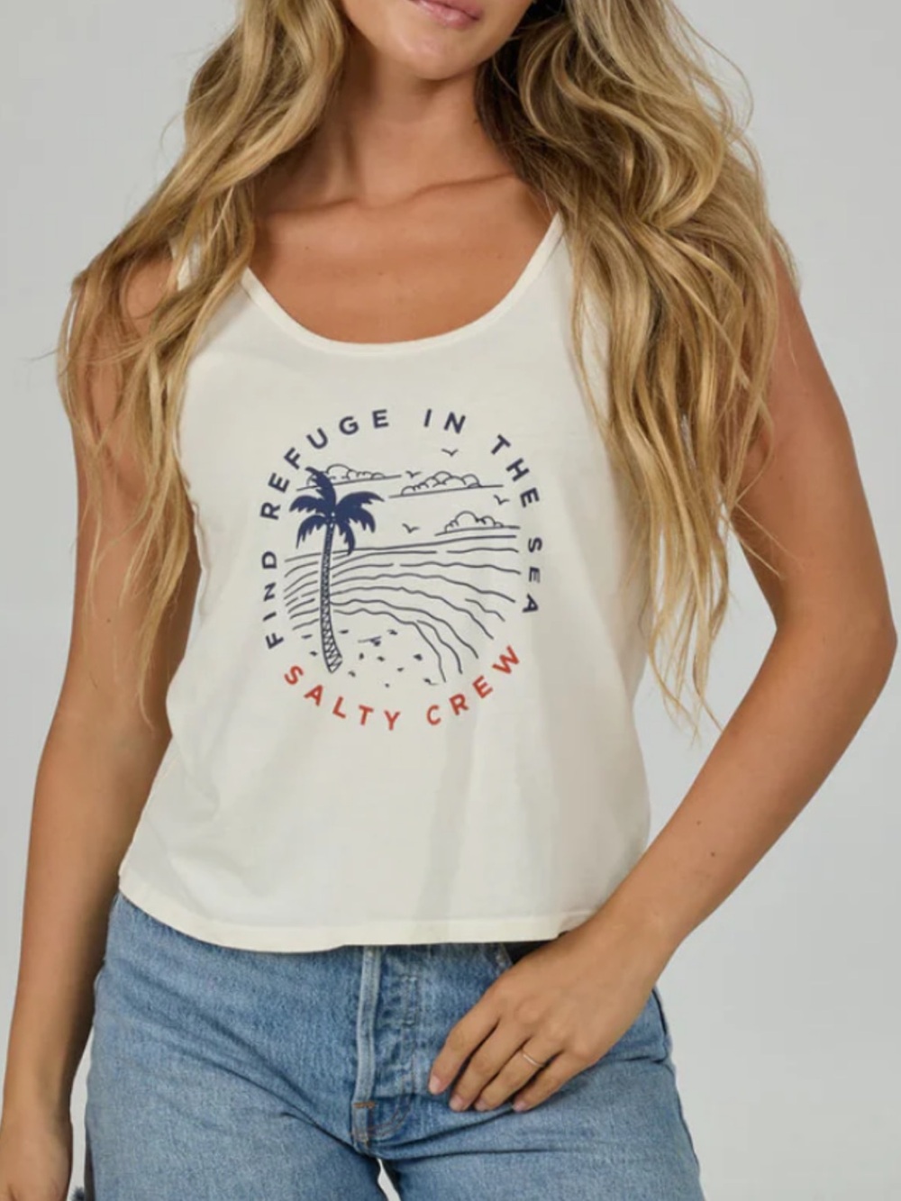 Salty Crew Cream Tank with Navy and Red Graphic